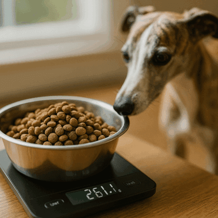 Whippet en surpoids : ration de croquettes pesée sur balance (261 g) pour ajuster la quantité au gramme près, un Whippet bringé attendant à côté.