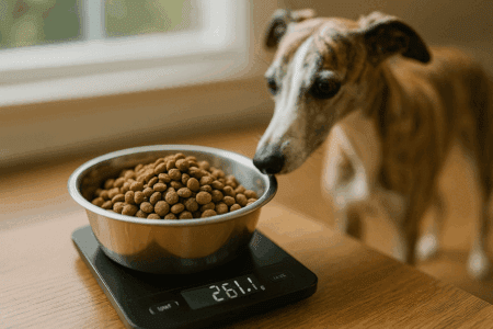 Whippet en surpoids : ration de croquettes pesée sur balance (261 g) pour ajuster la quantité au gramme près, un Whippet bringé attendant à côté.