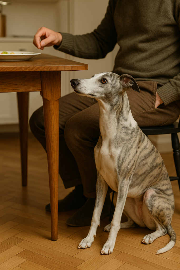 Un lévrier bringé gris clair et blanc attendant des restes de table, assis à côté d'un homme.