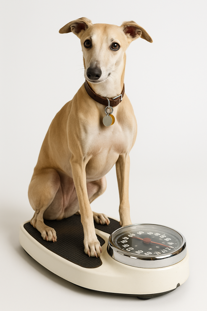 Un Whippet sable assis sur une balance blanche avec un gros cadran peut-être en suivi de poids pour ajuster la ration et retrouver son poids de forme.