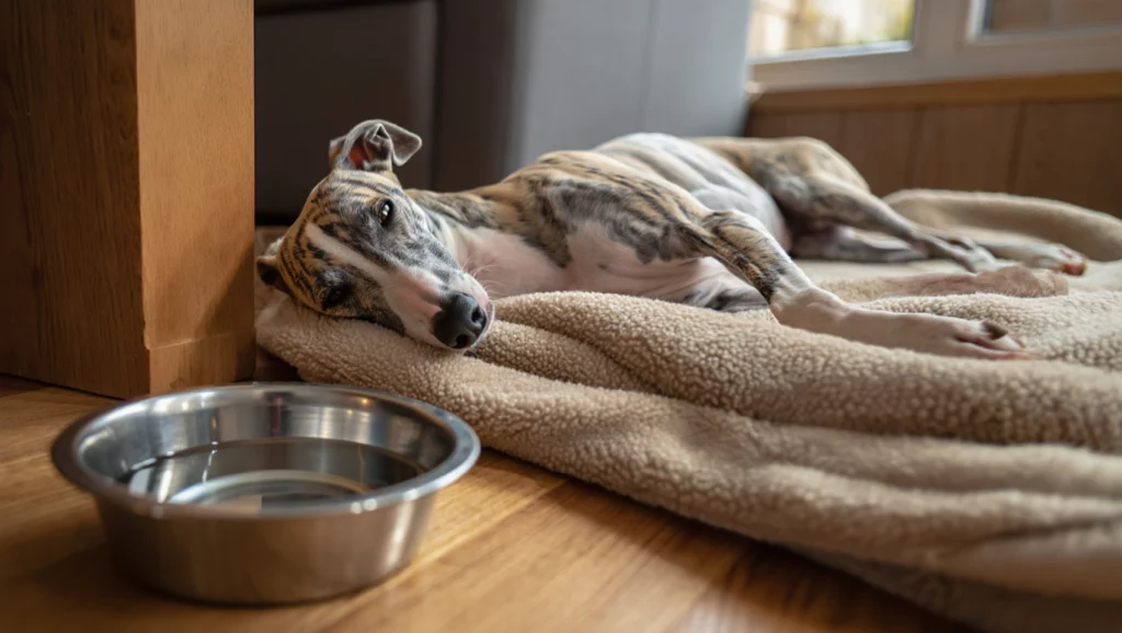 Un Whippet bringé fatigué, allongé sur son coussin près d’une gamelle d’eau après une vaccination.