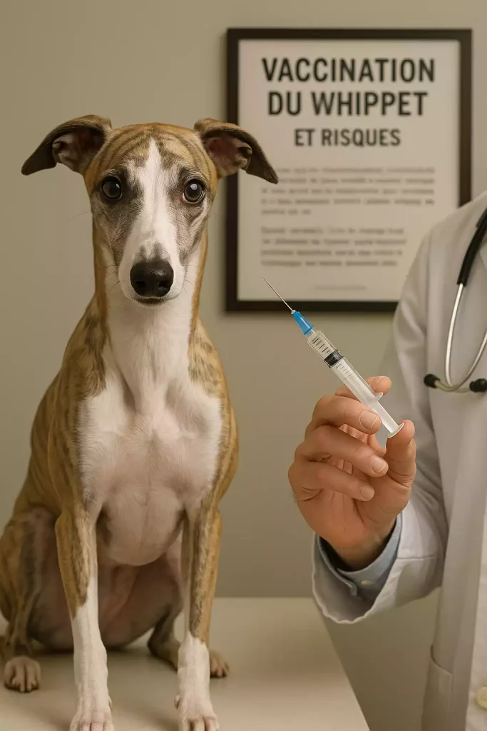 Un Whippet chez le vétérinaire pour une vaccination, seringue à la main et affiche Vaccination du Whippet et risques en arrière-plan.