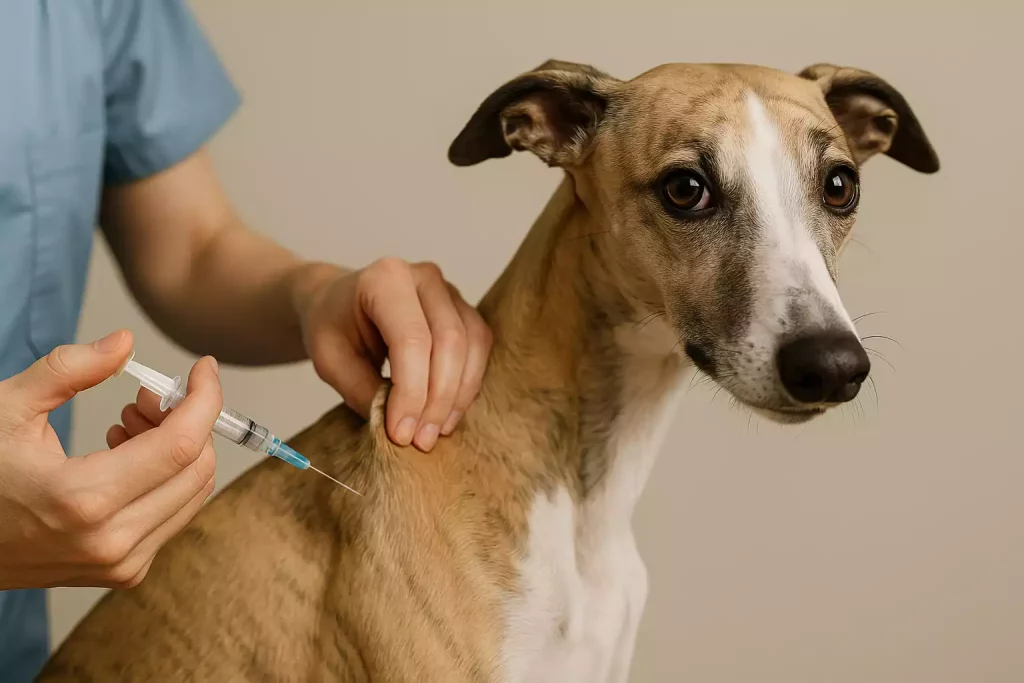 Un vétérinaire en blouse bleue injectant un lévrier bringé fauve, inquiet, au niveau de l’épaule.