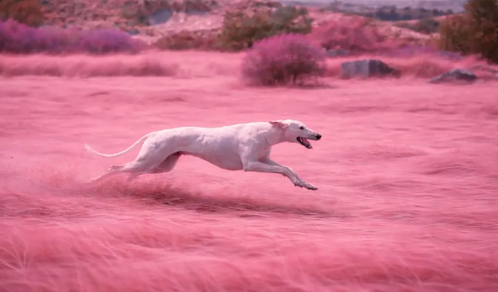 Galgo héros de cinéma : Une Galga blanche courant à pleine vitesse dans un champ aux herbes roses, paysage onirique aux couleurs irréelles.