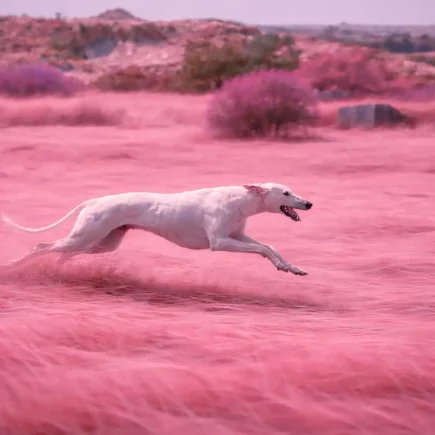 Galgo héros de cinéma : Une Galga blanche courant à pleine vitesse dans un champ aux herbes roses, paysage onirique aux couleurs irréelles.
