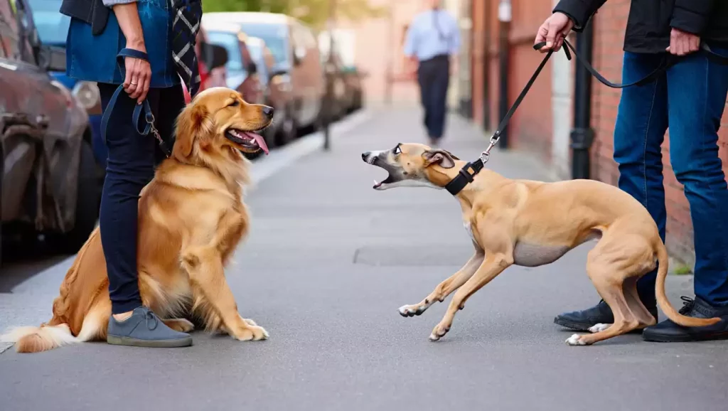 Un Whippet réactif fauve qui tire sur sa laisse en aboyant vers un Golden Retriever assis calmement sur le trottoir.