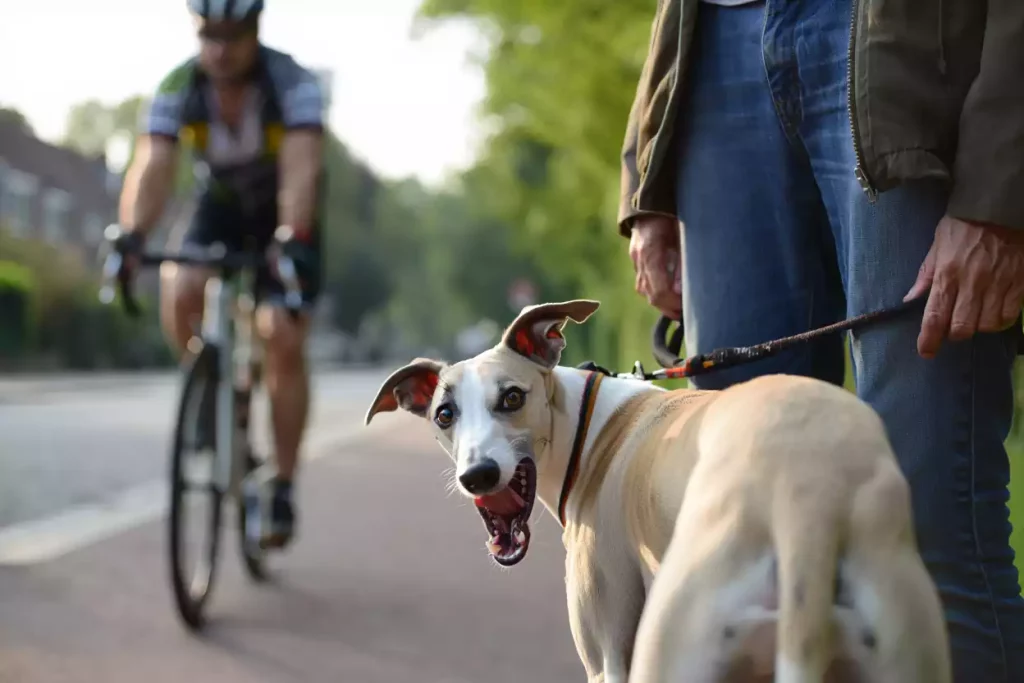 Whippet réactif en laisse, gueule ouverte et oreilles en alerte sur le bord d’une route, avec un cycliste flou qui approche en arrière-plan.