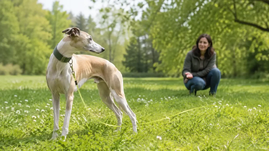 Whippet en longe détournant le regard malgré l’appel de son humaine, exemple de désobéissance du Whippet liée aux distractions.