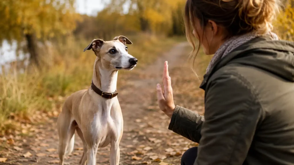 Un Whippet attentif face au geste de son humaine lors d’un exercice de communication en promenade.