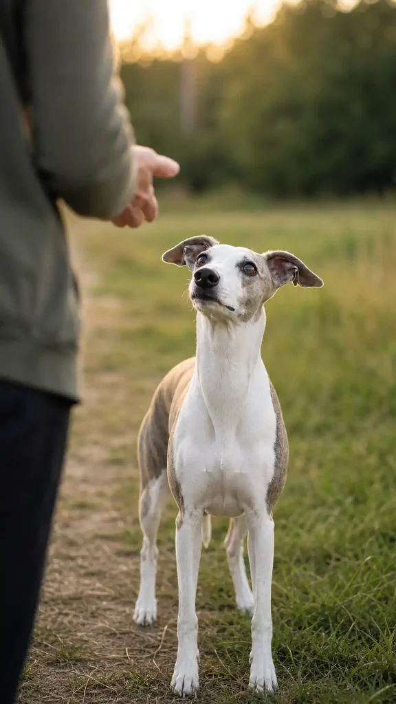 Un Whippet attentif observant le geste de son humaine lors d’un exercice de communication en extérieur.