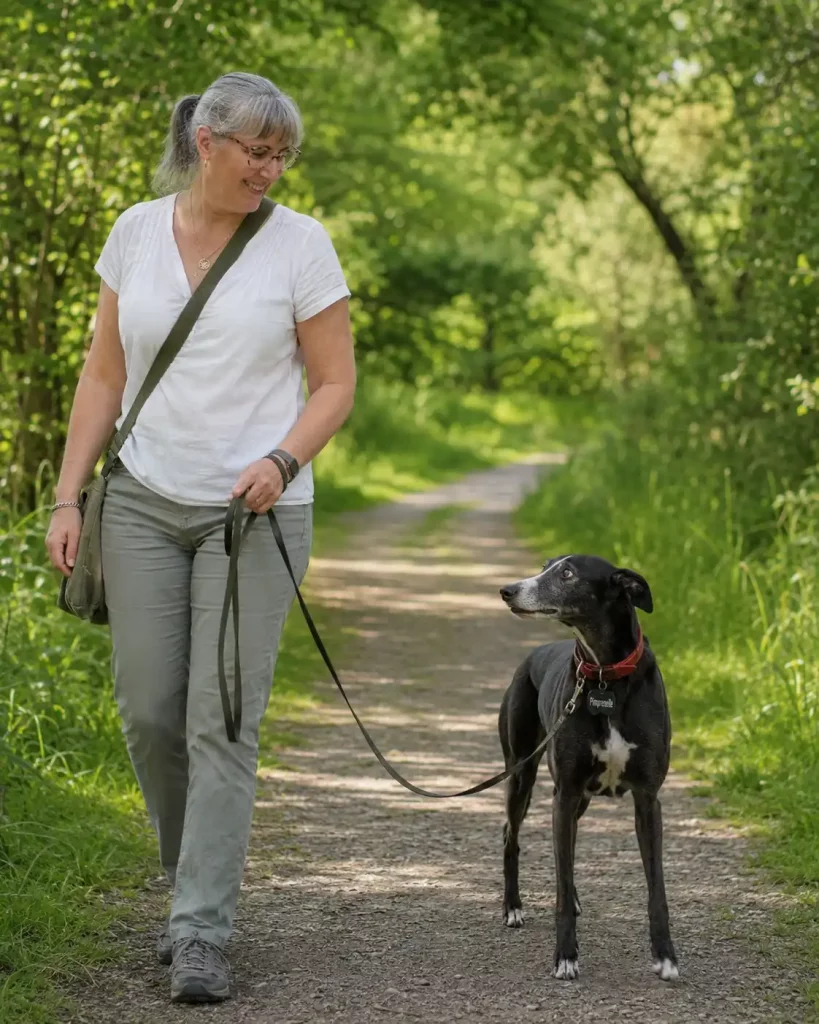Laura et Pimprenelle échangent un regard complice en promenade pour illustrer une communication attentive avec son Whippet.