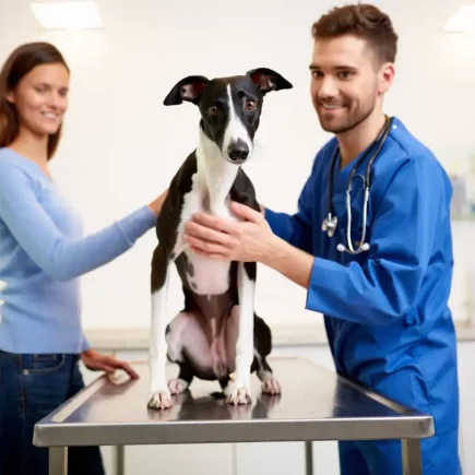 Procédures vétérinaires du Whippet : un Whippet noir et blanc sur la table d’examen, accompagné de sa maîtresse et du vétérinaire.