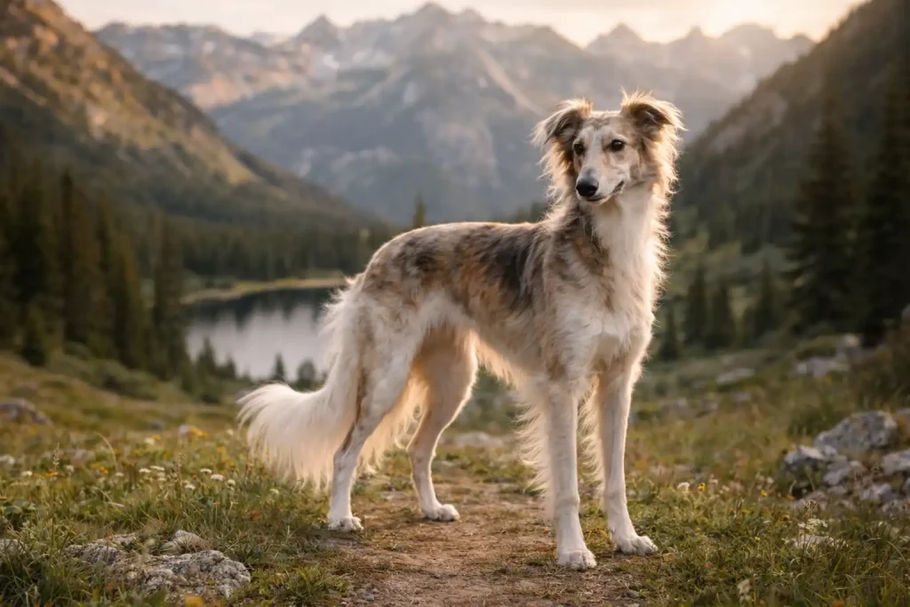 Whippet à poil long : Un Silken Windsprite debout de profil en montagne, lac et sommets en arrière-plan, lumière dorée.