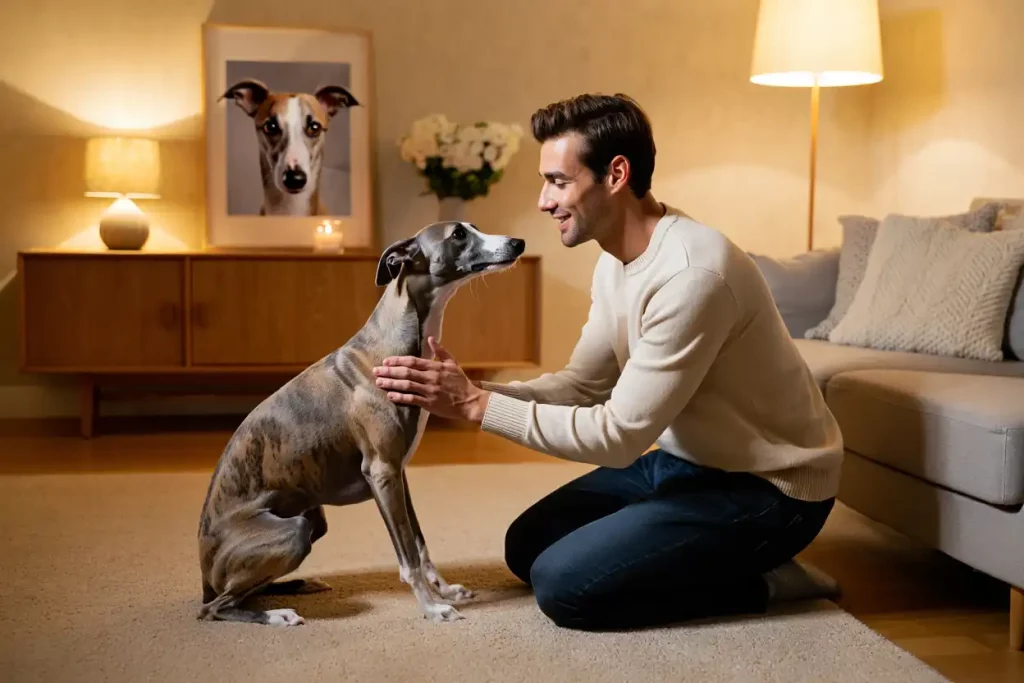 Nouveau Whippet après le deuil : un homme accueille un Whippet bringé adulte à la maison, la photo souvenir d'un Whippet fauve en arrière-plan.