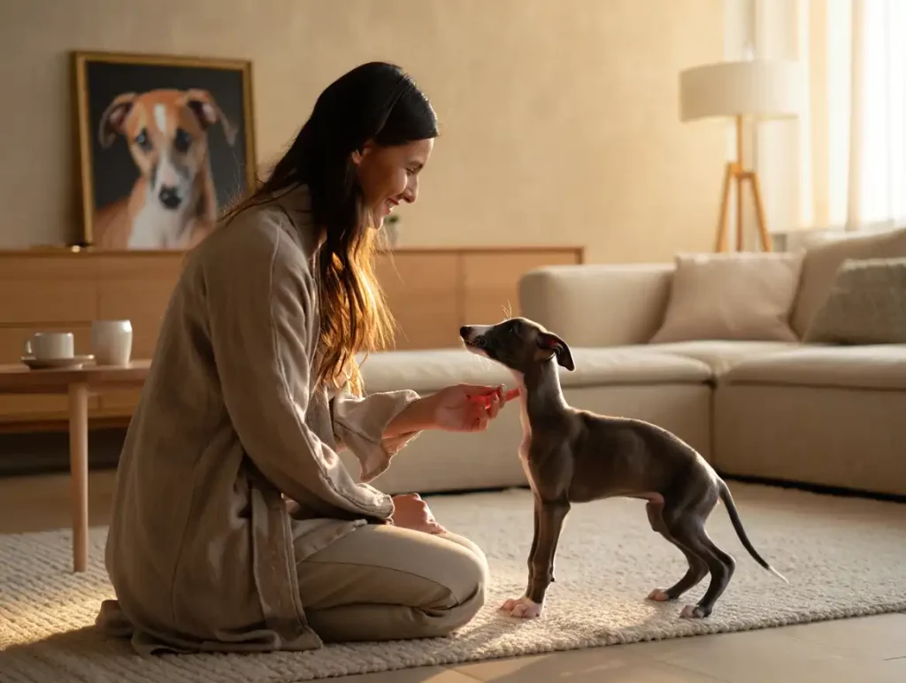 Nouveau Whippet après le deuil : une femme crée le lien avec un jeune Whippet bleu, en douceur, dans un salon lumineux. En arrière-plan, le portrait d'un Whippet fauve et blanc dans un cadre.