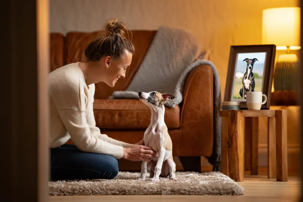 Une femme câline un jeune Whippet blanc et fauve dans un salon chaleureux, près du cadre photo d'un Whippet noir et blanc.