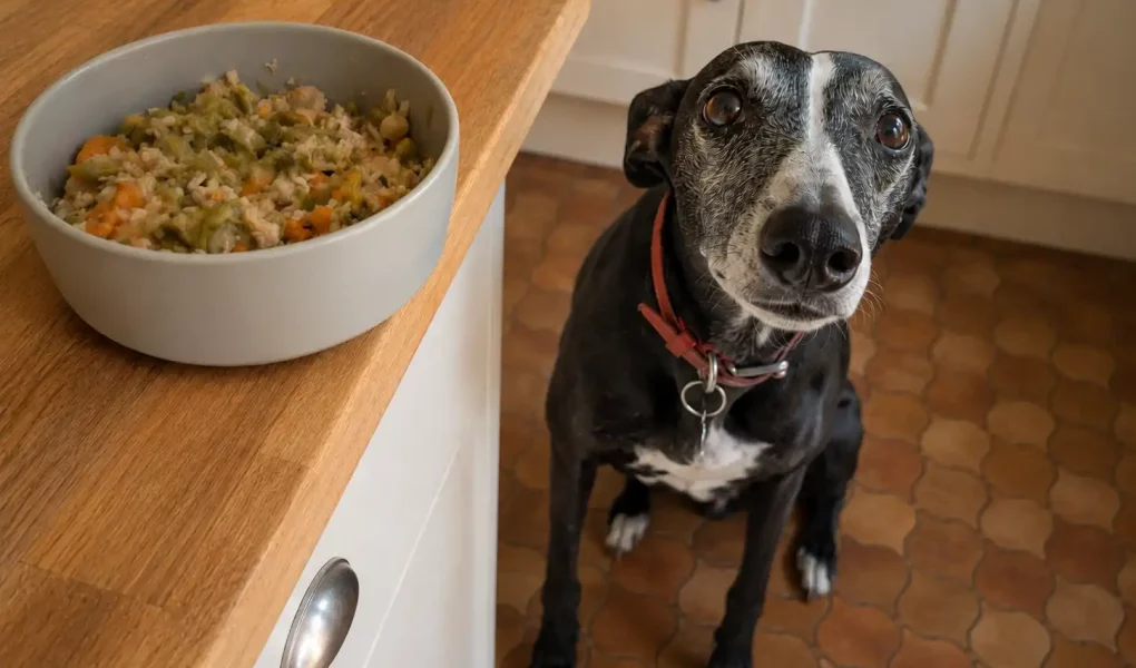 Préparer la meilleure ration ménagère pour un Whippet : Un Whippet noir assis près d’une gamelle de ration ménagère maison.