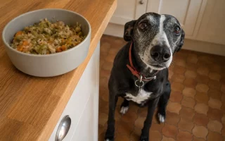 Préparer la meilleure ration ménagère pour un Whippet : Un Whippet noir assis près d’une gamelle de ration ménagère maison.