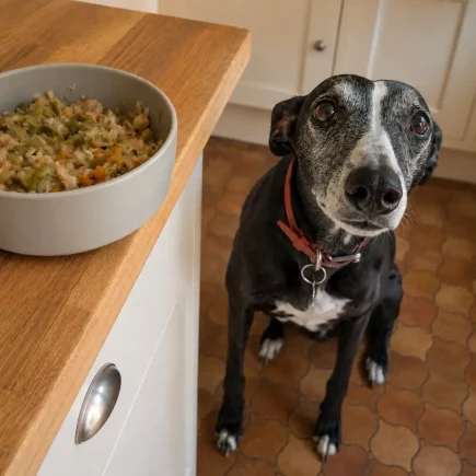 Préparer la meilleure ration ménagère pour un Whippet : Un Whippet noir assis près d’une gamelle de ration ménagère maison.