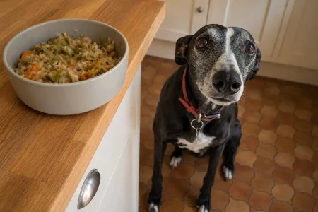 Préparer la meilleure ration ménagère pour un Whippet : Un Whippet noir assis près d’une gamelle de ration ménagère maison.
