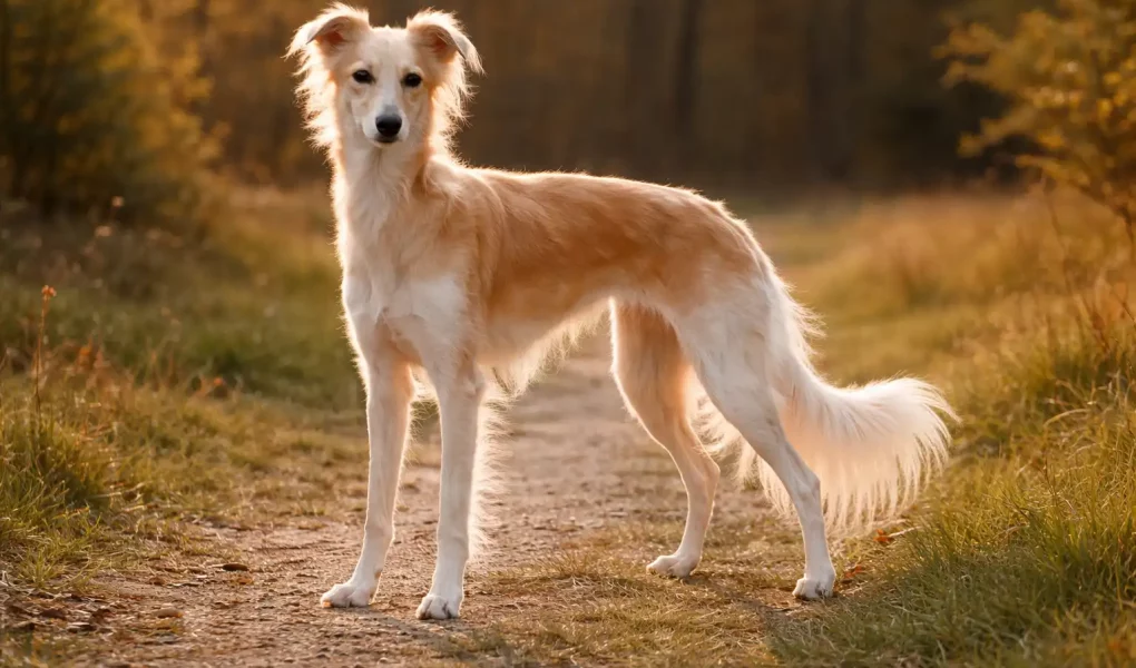 Whippet à poil long : Silken Windsprite fauve et blanc debout sur un chemin forestier, lumière douce de fin d’après-midi.