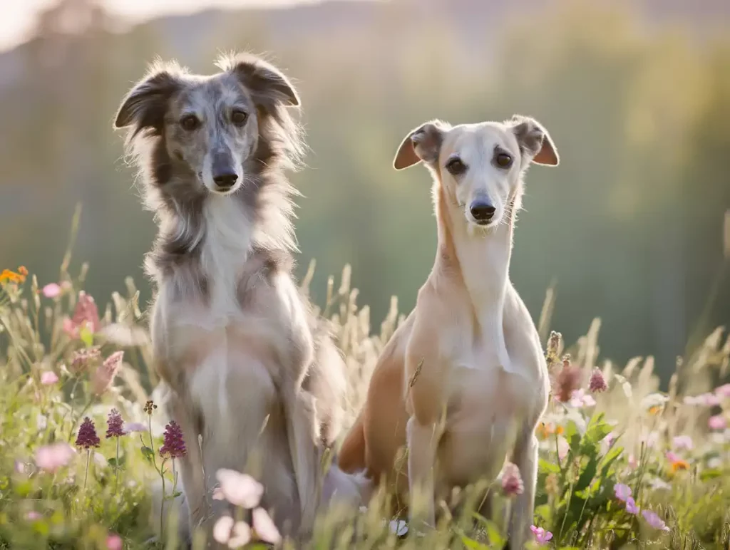 Un Silken Windsprite à poil mi-long et un Whippet assis dans une prairie fleurie, en contre-jour au soleil.