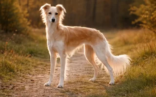 Whippet à poil long : Silken Windsprite fauve et blanc debout sur un chemin forestier, lumière douce de fin d’après-midi.