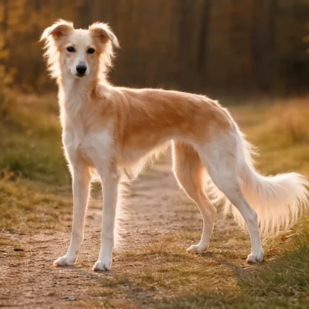 Whippet à poil long : Silken Windsprite fauve et blanc debout sur un chemin forestier, lumière douce de fin d’après-midi.