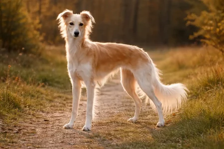 Whippet à poil long : Silken Windsprite fauve et blanc debout sur un chemin forestier, lumière douce de fin d’après-midi.