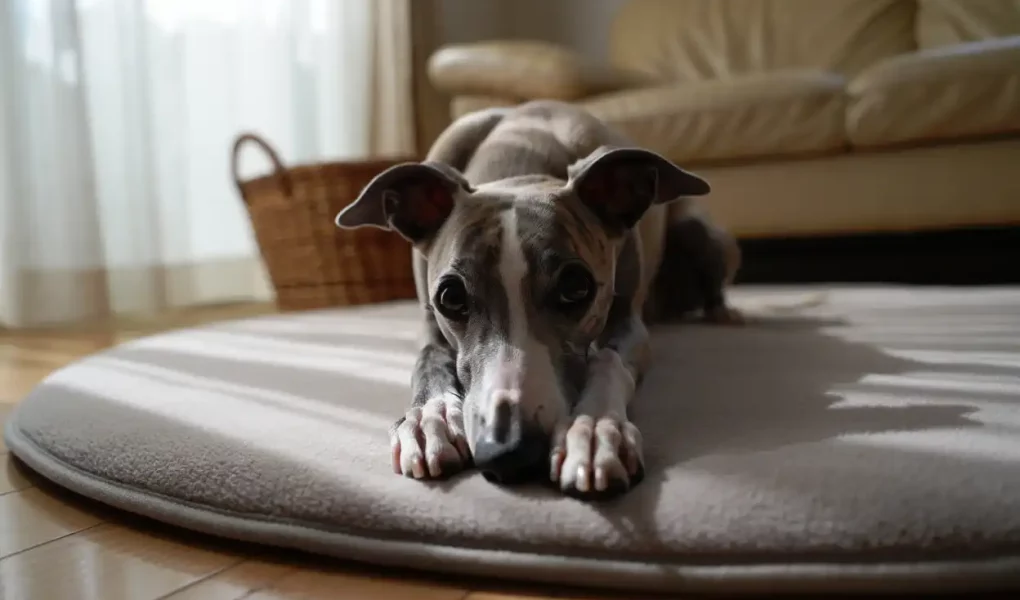 Autocontrôles chez un Whippet : jeune Whippet bleu allongé calmement sur son tapis dans le salon, en attente et détendu.