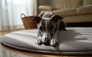 Autocontrôles chez un Whippet : jeune Whippet bleu allongé calmement sur son tapis dans le salon, en attente et détendu.