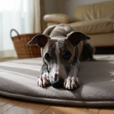 Autocontrôles chez un Whippet : jeune Whippet bleu allongé calmement sur son tapis dans le salon, en attente et détendu.
