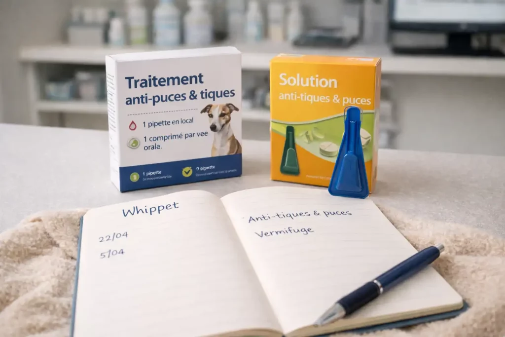 Procédures vétérinaires du Whippet : carnet de suivi, vermifuge et traitement anti-puces et anti-tiques en clinique vétérinaire.