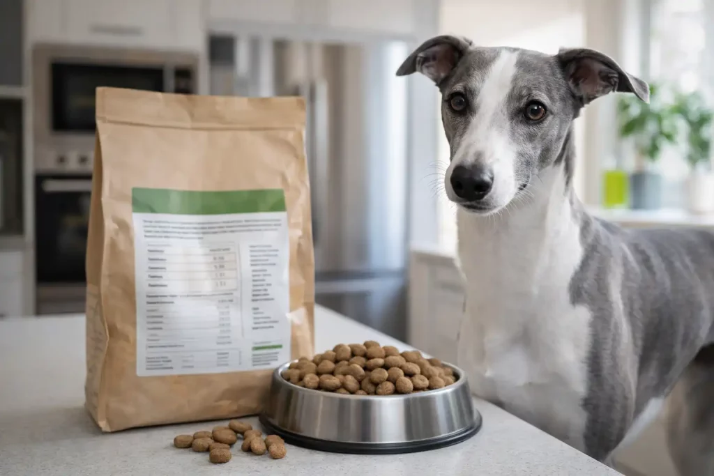 Décrypter les étiquettes de croquettes : Un Whippet gris et blanc en cuisine contemporaine à côté d’un sac de croquettes.