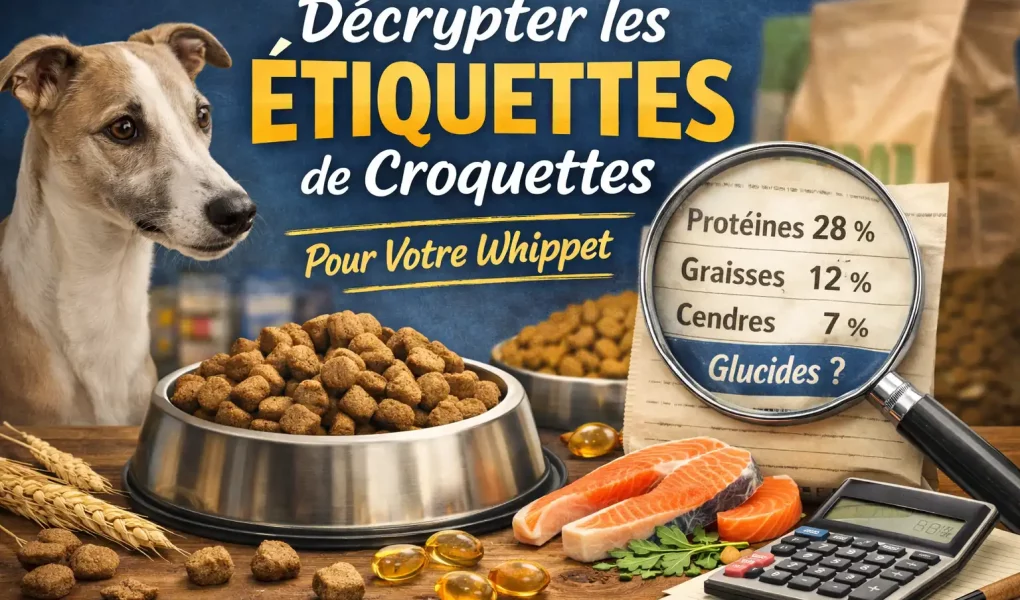 Décrypter les étiquettes de croquettes : Whippet devant sa gamelle, loupe sur protéines graisses cendres et glucides.