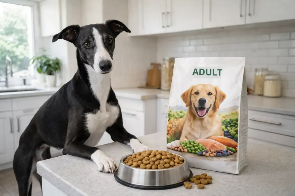 Un Whippet noir et blanc dans une cuisine lumineuse avec sac blanc de croquettes ADULT et gamelle.