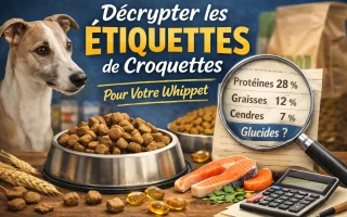 Décrypter les étiquettes de croquettes : Whippet devant sa gamelle, loupe sur protéines graisses cendres et glucides.