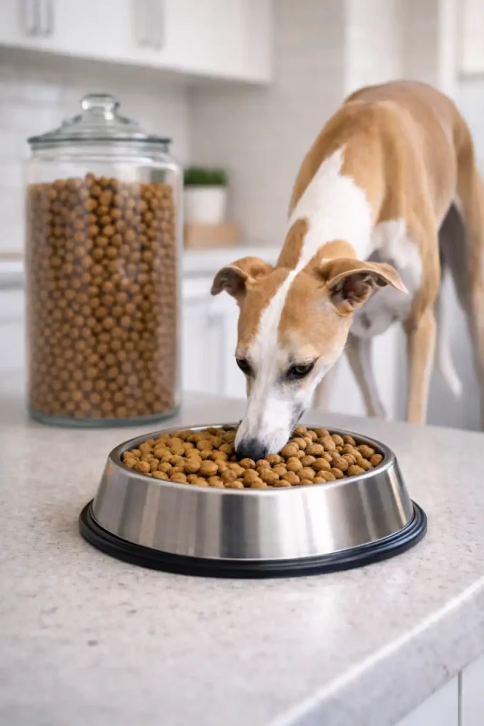 Un Whippet fauve qui mange ses croquettes dans une cuisine, gamelle inox au premier plan et bocal de croquettes en arrière-plan.
