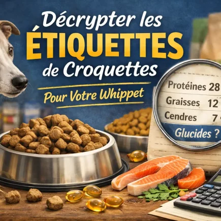 Décrypter les étiquettes de croquettes : Whippet devant sa gamelle, loupe sur protéines graisses cendres et glucides.