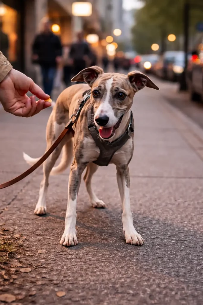 Un Whippet en laisse en ville, oreilles en alerte qui halète et ignore une friandise, montrant des signes de stress.