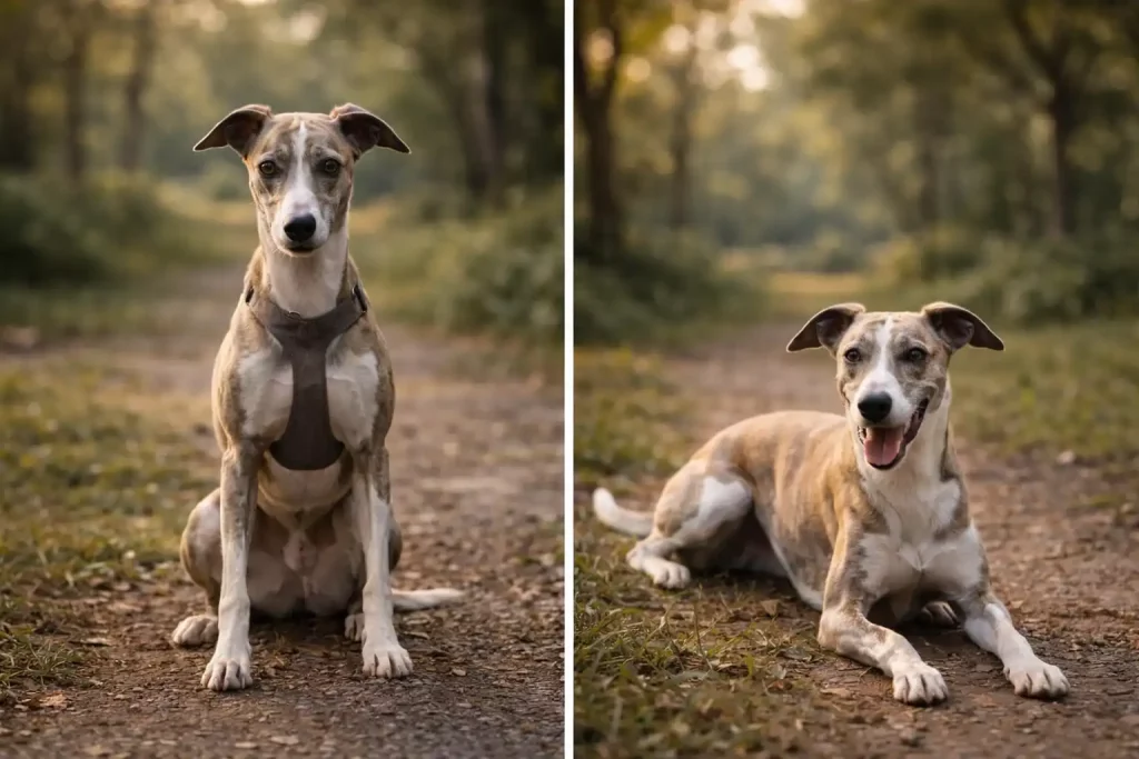 Inhibition vs régulation émotionnelle chez le Whippet : diptyque avec un Whippet assis, figé et tendu (stress), puis le même Whippet allongé, relâché et apaisé en extérieur.