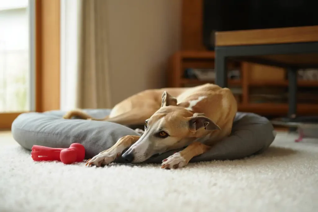 Un lévrier fauve allongé calmement sur son coussin à la maison, jouet à proximité, signe d’apaisement et de retour au calme.