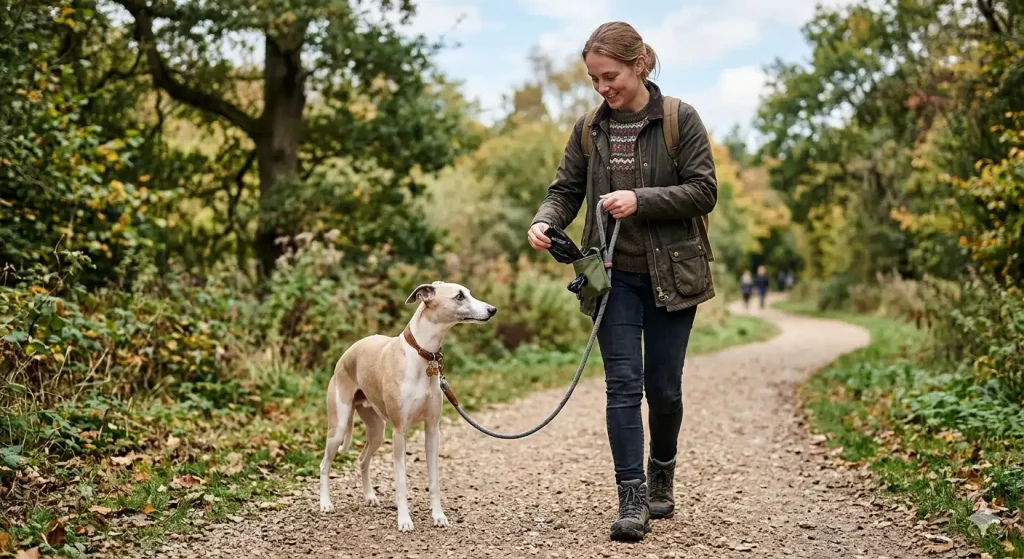 Une jeune femme souriante à côté d'un lévrier fauve en laisse qui attend sagement sur un chemin en forêt. Elle sort un sac à déjection d'une petit sac.