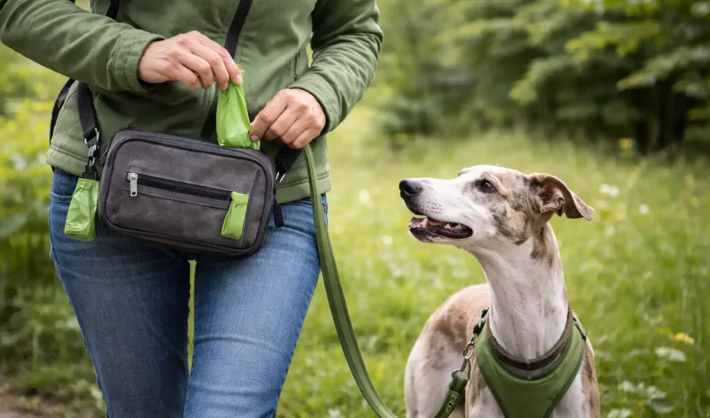 Ramasser toutes les crottes d’un Whippet : En balade, une femme sort un sac à crottes devant son Whippet bringé fauve et blanc, en harnais vert.