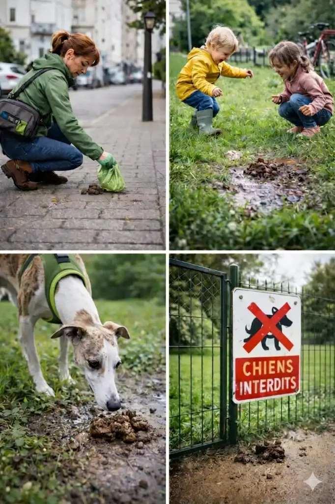 Ramasser toutes les crottes d’un Whippet :  Photo 1 - En ville, une femme accroupie ramasse une crotte à l'aide d'un sac à déjections sur le trottoir; photo 2 -2 jeunes enfants  jouent près de crottes non ramassées; photo 3-Un Whippet bringé renifle une crotte; photo 4-Un panneau chiens interdits sur le grillage d'un parc.
