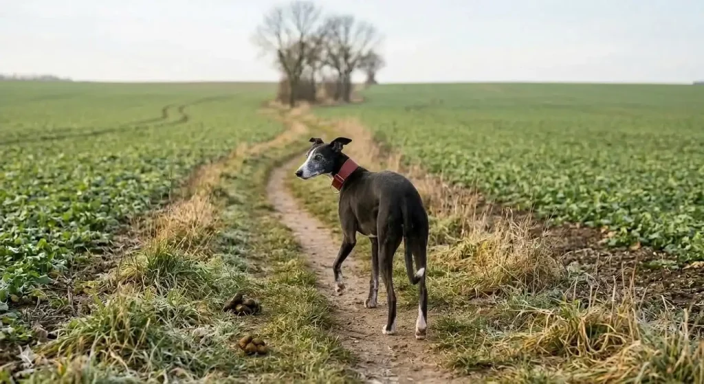 Crottes sur un chemin de campagne fréquenté par un lévrier noir et blanc.