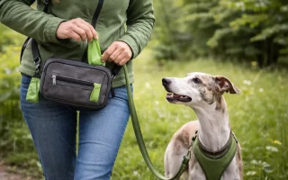 Ramasser toutes les crottes d’un Whippet : En balade, une femme sort un sac à crottes devant son Whippet bringé fauve et blanc, en harnais vert.