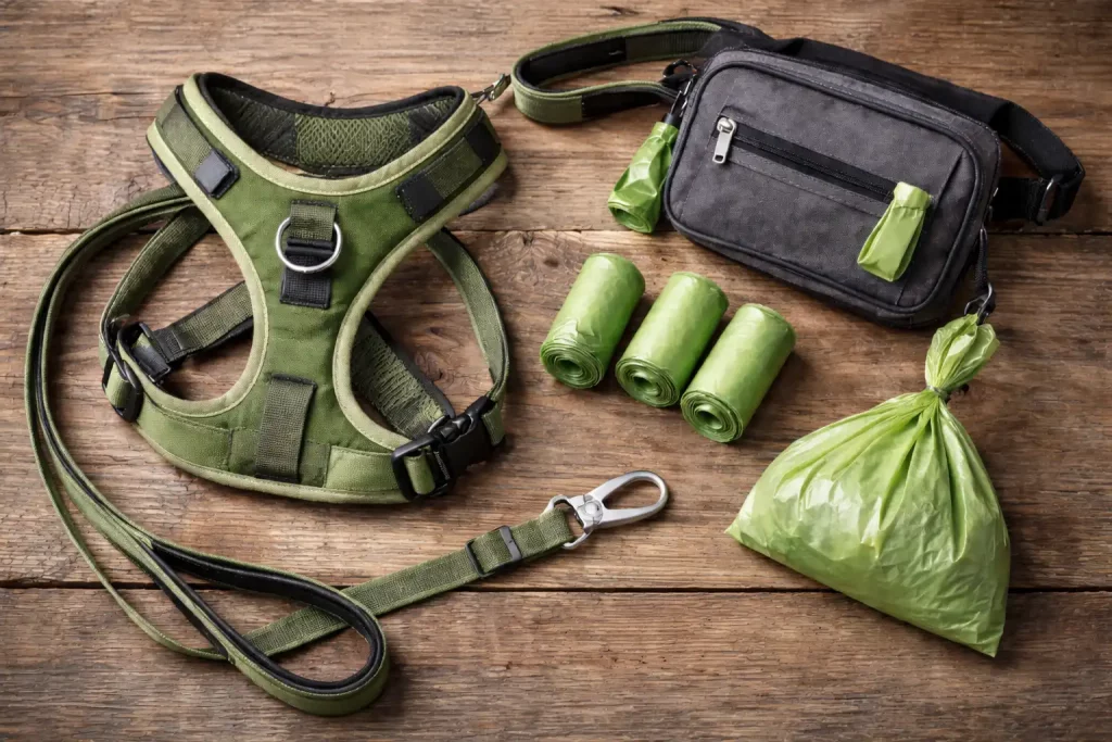 Organisation pour ramasser toutes les crottes d’un Whippet : harnais, laisse, sacs à crottes et sac banane prêts pour la balade.