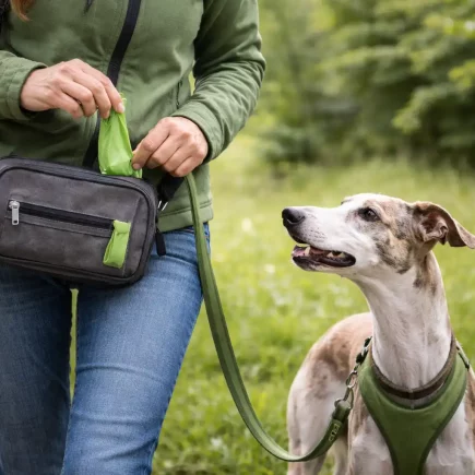 Ramasser toutes les crottes d’un Whippet : En balade, une femme sort un sac à crottes devant son Whippet bringé fauve et blanc, en harnais vert.