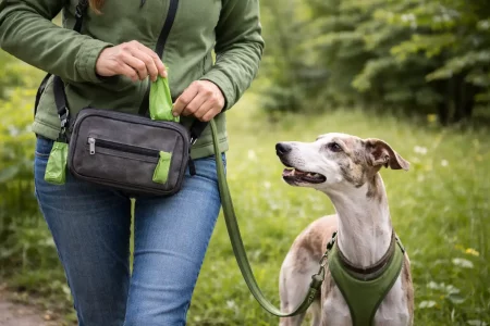 Ramasser toutes les crottes d’un Whippet : En balade, une femme sort un sac à crottes devant son Whippet bringé fauve et blanc, en harnais vert.